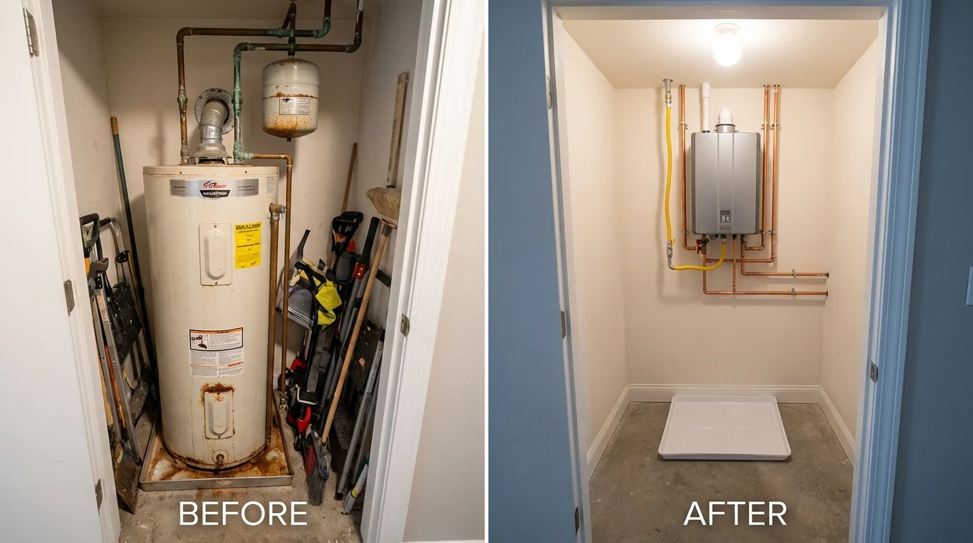 Tank water heater versus wall-mounted tankless unit comparison for Windsor, MO homeowners