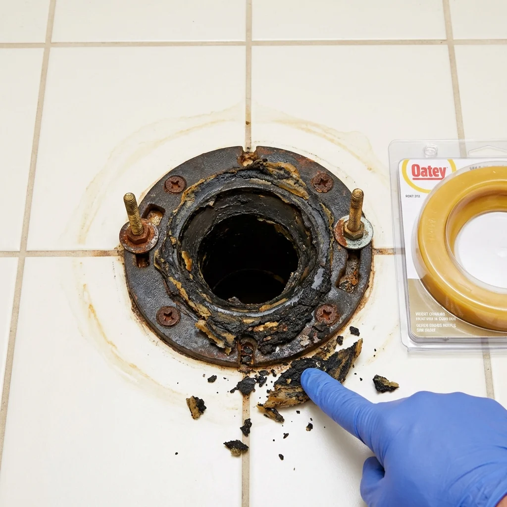 Failed wax ring showing water seepage at the base of a toilet in a Windsor, MO home