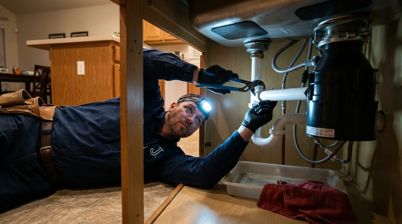 P-trap and supply line connections under a kitchen sink showing a common leak point in Windsor, MO